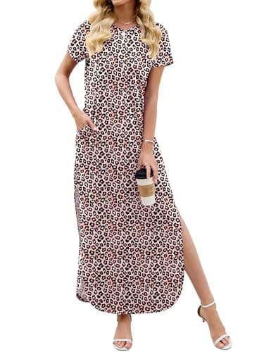 Heymoments Womens Summer Maxi Dress Leopard Small Short Sleeve Casual Loose Fitted Long T Shirt Ladies Flowy Dresses Split Cute Vacation Party Beach Travel Elegant Sundress with Pockets - Image 1