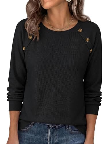 PRETTYGARDEN Fall Long Sleeve Waffle Knit Shirts for Women, Black,XL - Image 1