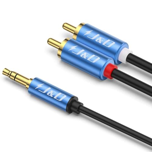 J&D 3.5mm Male to 2 RCA Phono Male Stereo Audio Cable, Aluminum Alloy Shell Gold-Plated RCA Audio Adapter Aux Cable, Blue, 1 Feet - Image 1