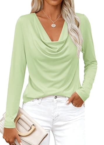 PRETTYGARDEN Womens Spring Tops 2026 Dressy Cowl Neck Long Sleeve Shirts Loose Business Casual Blouses Teacher Tunic Top(Light Green,3X-Large) - Image 1