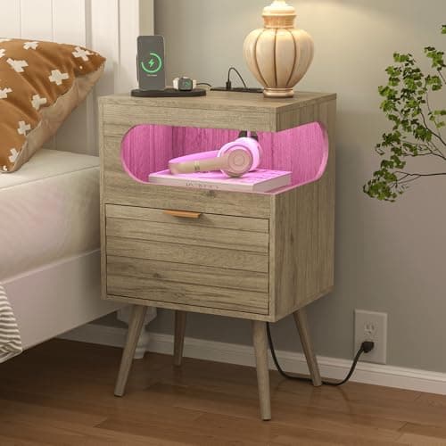 Veegle Nightstand with Charge Station,Modern Bedside Table with Storage Drawer and Open Wood Shelf, Accent Night Stand with Solid Wood Legs for Bedroom and Small Spaces (Grey Oak) - Image 1