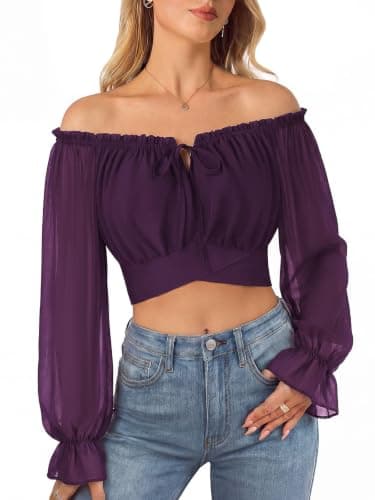 Women Off the Shoulder Crop Tops Long Sleeve Shirt Blouse Deep Purple M - Image 1
