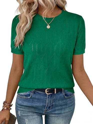 LaGracia Sweater for Women Short Sleeve Crew Neck Lightweight Sweaters Casual Summer Spring Tops 2026 Green S - Image 1