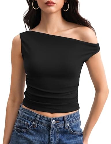 C202 Off The Shoulder Tops for Women Sleeveless Going Out Asymmetrical Ruched Crop Tank Tops Y2K Summer, Black, X-Small - Image 1