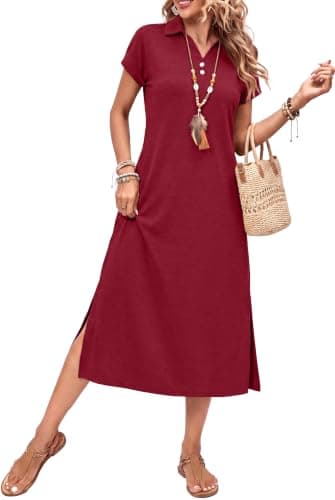 BEXIBOOM Women's V Neck Maxi Dress for Women, Cap Sleeve Collared Casual Long Dress with Pockets, Summer Beach Vacation Work Dress Burgundy-M