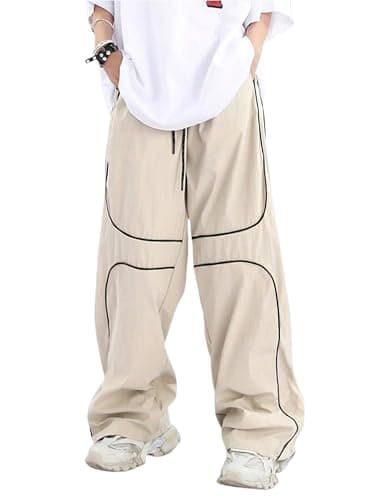 ZAFUL Mens Baggy Pants Y2K Contrast Piping Drawstring Sweatpants Fashion Unisex Oversized Cargo Pants for Men with Pockets 0-Beige XS - Image 1