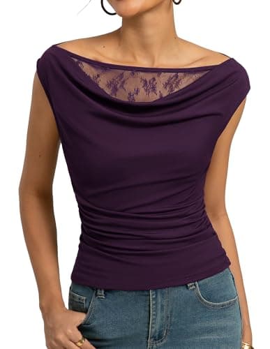 Kate Kasin Womens Off The Shoulder Tops, Summer Cowl Neck Slim Fit Top, Y2K Going Out Shirts Outfits 2026 Deep Purple - Image 1