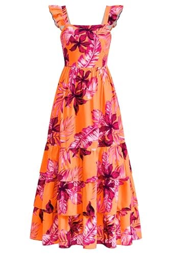 dowerme Summer Dresses for Women 2026 Casual Ruffle Smocked Tiered A-Line Boho Floral Maxi Beach Sun Dress with Pockets(Orange,Medium) - Image 1