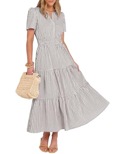 Caracilia Women's Summer Short Sleeve V-Neck Maxi Dress, Gingham & Striped Fabric, Casual A-Line Dress for Beach & Vacation Gray Brown Gingham X-Large - Image 1