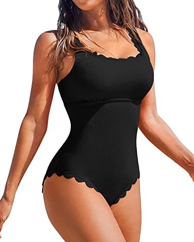 Charmo Womens Scalloped Ribbed One Piece Swimsuits Retro Square Neck Modest Bathing Suits Black S - Image 1