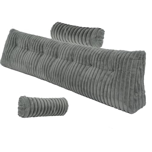 Huanicom Faux Fur Wedge Pillow King, 3PCS Headboard Backrest Set with 2 Neck Bolsters, Large Triangular Reading Pillow for Bed & Daybed Working & Gaming, Removable Cover (Grey, King: 76x8x20 Inches) - Image 1