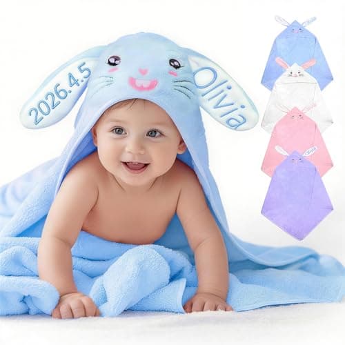 Individz Custom Hooded Bath Towel with Name, Personalized Absorbent Bunny Baby Towels, Soft Shower Towels for Girls Boys, Easter Christmas Brithday Gifts for Baby, Toddler, Newborn, Kids (Blue) - Image 1