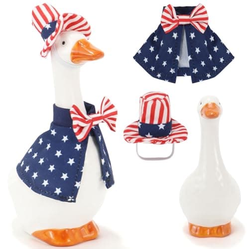 RAISLY 7 Inch Desk Goose with Patriotic Outfits,4th of July Decoration Ceramic Mini Porch Goose with Top Hat & Stars Outfit, Ideal for Tabletop Home Office Indoor Outdoor Decor - Image 1