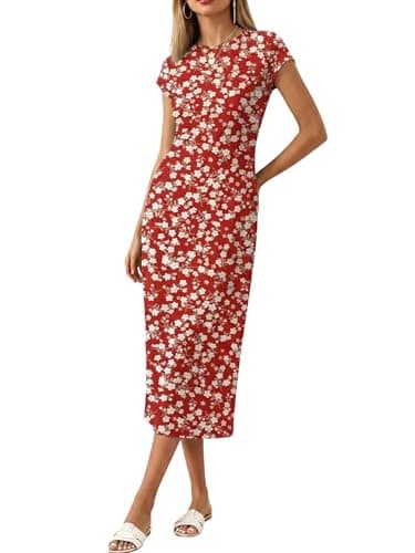 Wenrine Womens Summer Casual Midi Dress Floral Short Sleeve Crew Neck Long T Shirt Dresses Beach Vacation Outfit - Image 1