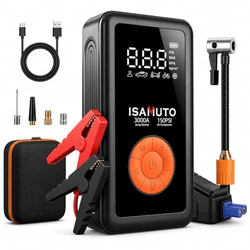 ISAMUTO 3000A Car Battery Jump Starter with Air Compressor, 150PSI Fast Inflate Portable Jump Starter (8L Gas 6L Diesel Engine), 4 in 1 Jump Box 12000mAh for Cars, Trucks, SUVs, Motorcycles - Image 1