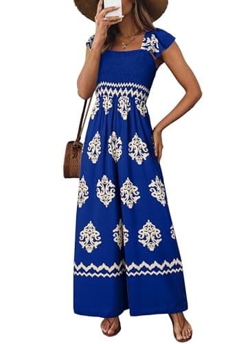 Happy Sailed Blue Jumpsuits for Women Dressy Casual Spring Summer Square Neck Short Sleeve Graphic Printed Boho Jumpsuit Baggy Overalls Wide Leg Long Pants Rompers Beach Vacation Outfits 2026 Medium - Image 1