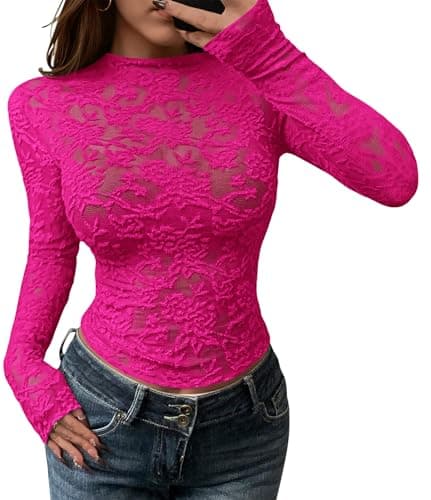 BTFBM Mesh Long Sleeve Tops for Women Lace Sexy Sheer Tight See Through Crew Neck Spring Fall 2026 Party Club Outfits(Rose Red, Medium) - Image 1