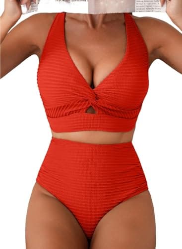 Herseas Womens Textured 2 Piece Bikini Sets Twist Front High Waisted Push Up Swimsuits Ladies Sexy Bathing Suits Flattering Beach Vacation Clothes Fiery Red Small - Image 1