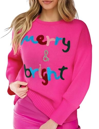 Christmas Sweater for Women Merry And Bright Xmas Pullover Top Crewneck Chenille Letter Patch Jumper (RoseRed-L) - Image 1