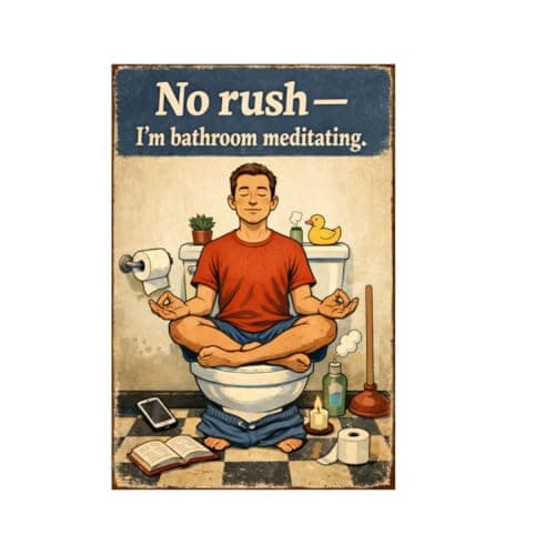 No Rush Im Bathroom Meditating Metal Tin Sign Funny Toilet Wall Decor Relax Humor Artwork Vintage Style Plaque Restroom Zen Home Office Gift 8x12 Inch Pre Drilled Hanging Art - Image 1