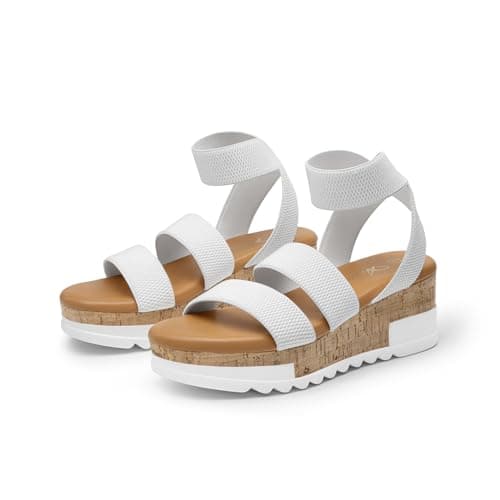 Athlefit White Platform Sandals Women Open Toe Elastic Ankle Strap Casual Summer Beach Flatform Wedge Sandals Size 8.5 - Image 1