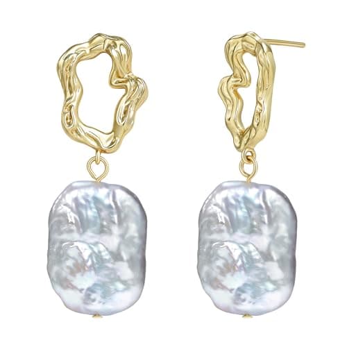 Baroque Pearl Earrings for Women 925 Sterling Silver Post 14K Gold Plated Heart Teardrop Design Dangle Freshwater Cultured Baroque Pearl Earring Hypoallergenic Wedding Birthday Gift for Mom Girlfriend (Type4-irregular) - Image 1