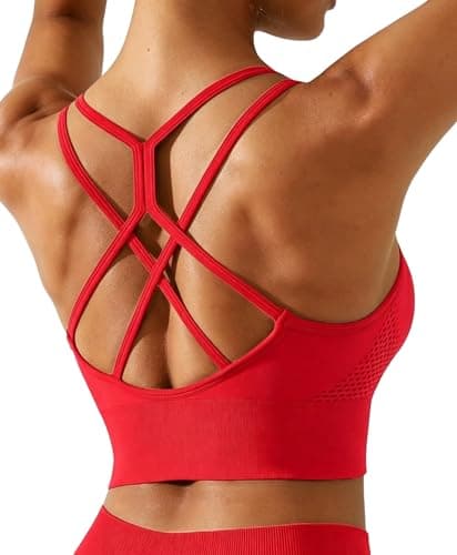 BRXL Lycra Strappy Ruched Sports Bra for Women Breathable Seamless Criss Cross Back Light Support Padded Bras Exercise Yoga Red S - Image 1