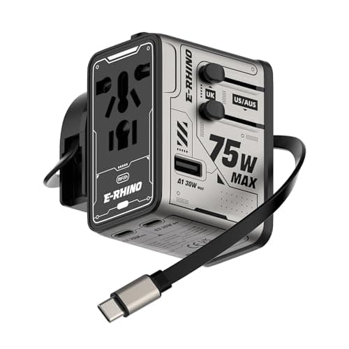 Mfish 75W Universal Travel Adapter with Retractable USB-C Cable, 3 USB-C & 1 USB-A, 1 AC Outlet, International Wall Charger for MacBook, iPhone, iPad, EU/UK/US/AUS, Type A/I/G/C, Grey - Image 1