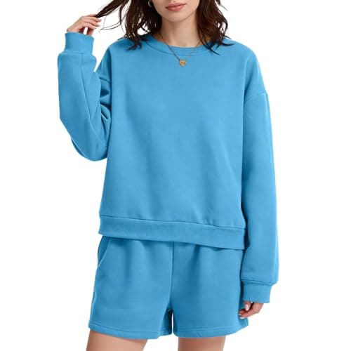 Anyshe Women's 2 Piece Fleece Lined Short Set - High Waisted Crew Neck Sweatshirt & Shorts, Soft Cozy Loungewear for Air Conditioned Rooms & All Season Wear, Sky Blue, Small - Image 1