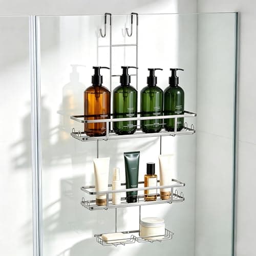 OMAIRA Over The Door Shower Caddy, 3-Tier Hanging Shower Organizer with 8 Hooks & Soap Holder, Height-Adjustable Rustproof Bathroom Shelf for Shower Door, No Drilling Storage Rack, Sliver - Image 1