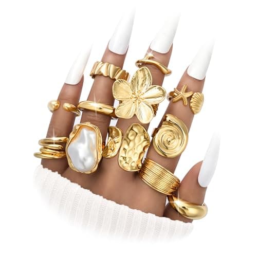 FAXHION Gold Rings for Women Non Tarnish Statement Flower Ring Set, 14K Gold Plated Stackable Open Stacking Rings, Knuckle Trendy Ring Jewelry Valentine's Day Gifts, 12PCS - Image 1