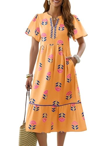 Wenrine Womens Summer Floral Midi Dress Casual Short Sleeve V Neck Flowy Ruffle Boho Beach Sundress with Pockets Orange - Image 1