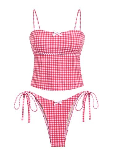 seamoly Bikini Swimsuits for Women Tankinis String Two Piece Bathing Suit High Cut Sexy Bikini Set Beachwear Red Gingham XS - Image 1