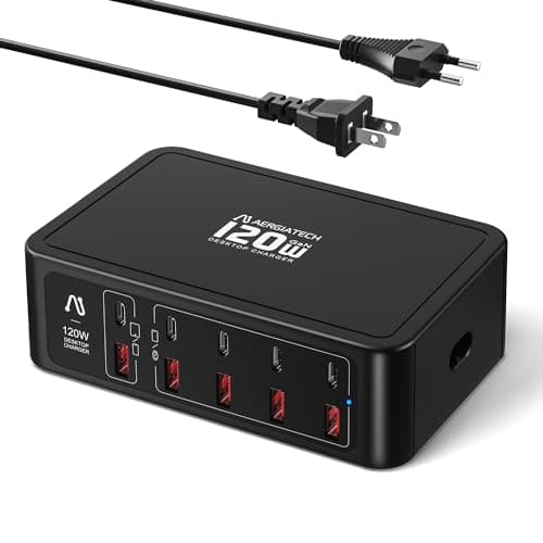 Aergiatech 10-Ports USB C Charging Station, 120W Travel USB Power Strip with EU European Plug and US Plug, Multiport Charging Hub for iPhone 15/14/13/12, iPad Air/Pro, Galaxy -Black