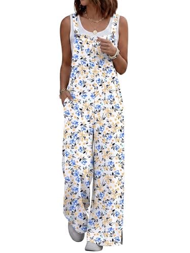 ANRABESS Overalls for Women 2026 Summer Casual Loose One Piece Outfits Baggy Wide Leg Jumpers Lightweight Comfy Rompers Yellow Blue Floral Small - Image 1