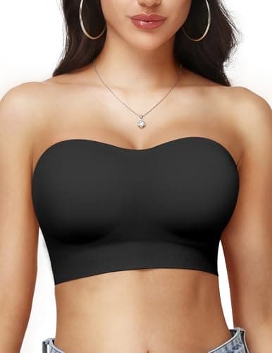 PoseFree Seamless Push Up Strapless Bra for Women Non-Slip Silicone Bandeau Bra with Fabric & Clear Straps Wireless Tube Top Black M - Image 1