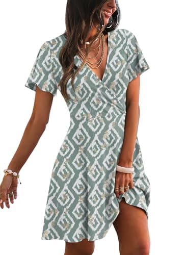 RUMIA Summer Dresses for Women Short Sleeve A Line Dress 2026 Womens Floral Dress V Neck Sundresses Teal S - Image 1
