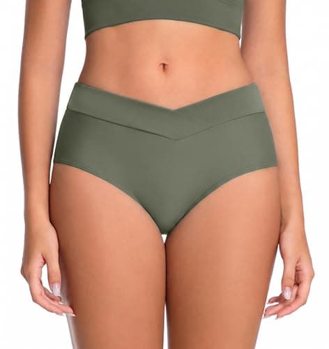 COCOPEAR V Cut Mid Rise Bikini Bottoms for Women Cross Front Bathing Suit Bottoms for Women Army Green S - Image 1