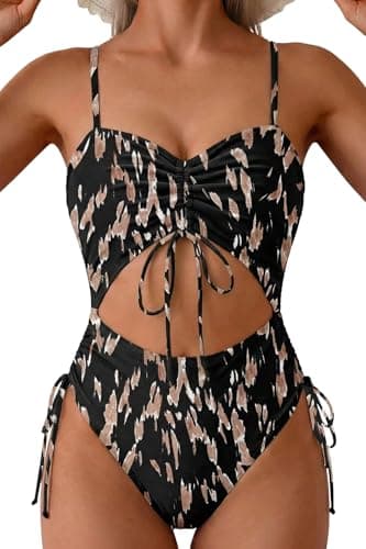 Viottiset Women's Cut Out Drawstring One Piece Swimsuit Ruched Cheeky High Cut Bathing Suit Black Printed M - Image 1