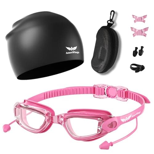 AzureWings 7 in 1 Swim Goggles + Swim Cap for Men Women,No Leak Anti-Fog & UV, Wide Visio HD Mirror PC Lens (Pink) - Image 1