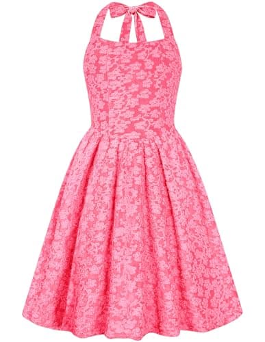Dresses for Girls Size 7-8 Summer Spring Easter Lace Floral Halter Tie Back Dress Elegant Wedding Bridesmaid Short Sundresses Rose Red - Image 1