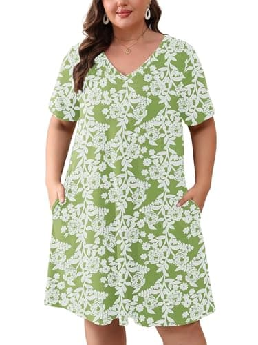 AusLook Plus Size Midi Dress for Women Green Roses 5X Short Sleeve Loose V Neck Summer Casual A Line Knee Length Work Outfit T Shirt 2026 Sundresses with Pockets - Image 1