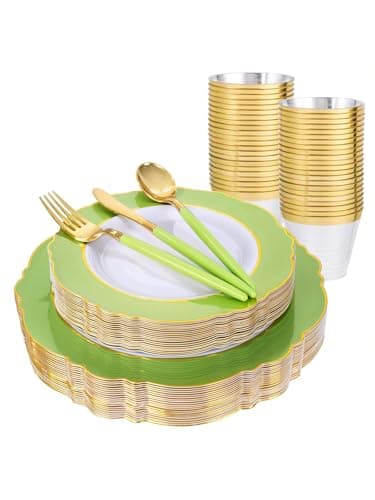 WDF 150Pcs Green Plates Disposable - Baroque Green and Gold Plates - 25Guest Plastic Dinnerware Ideal for Weding/Party/Birthday/Spring - Image 1