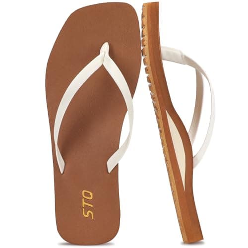 STQ Flip Flops for Women Square Toe Arch Support Orthopedic Summer Beach Plantar Fasciitis Sandals White Brown Size 11 - Image 1