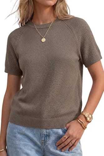 Arach&Cloz Women's 100% Cotton Crew Neck Outfits Summer Raglan Short Sleeve Business Casual Teacher Work Tops Pullover Sweaters 2026 Coffee S - Image 1