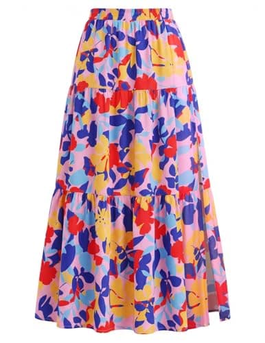 Kate Kasin Women's Boho Maxi Skirt, Floral Printed Flowy Long Skirts, Summer Beach Vacation Outfits with Pockets(Pink Flower) - Image 1