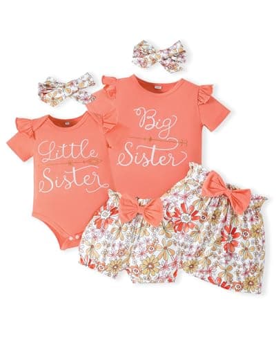 FAMIHAO Big Sister Little Sister Matching Outfits Baby Girl Romper Top with Shorts/Headband Clothes Set,0-3M Orange - Image 1