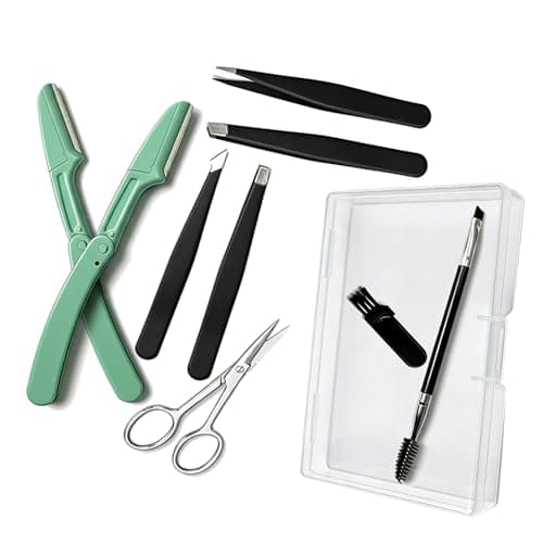 MIQUENYA 8 Pcs Eyebrow Kit, 4 Professional Eyebrow Tweezers for Women Facial Hair, Tweezer Kit and Tweezer Set, Small Eyebrow Scissors, Nose Hair Scissors, Eyebrow Brush, Portable Plastic Case,Black - Image 1