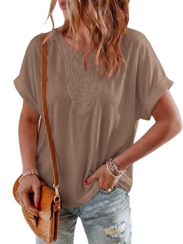 PRETTYGARDEN Women's Tops Summer 2026 Oversized Short Sleeve Tee Shirts Womens Blouses Dressy Casual V Neck Basic T Shirt (Khaki, X-Large) - Image 1