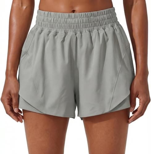 PrinStory Athletic Shorts for Women High Waisted Running Quick Dry Gym Workout Shorts with Zipper Pockets Light Gray-M - Image 1